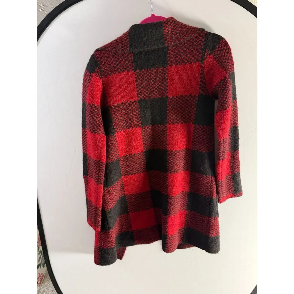 Max Studio Red Black Buffalo Plaid Open Front Cardigan Sweater Jacket